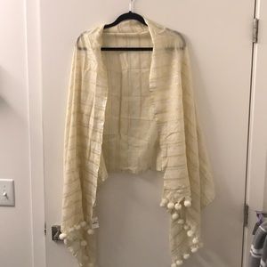 J.crew cream and metallic shawl with Pom Poms